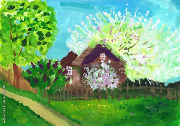 Obraz Rural view with flowering trees. Spring landscape. Children's drawing
