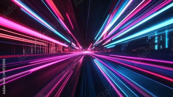 Fototapeta Neon illuminated city street with fast moving lights in the night time