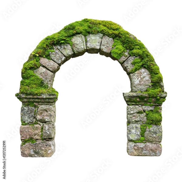 Fototapeta An ancient stone arch covered with vibrant green moss, showcasing weathered textures and historical charm. isolated on white background.