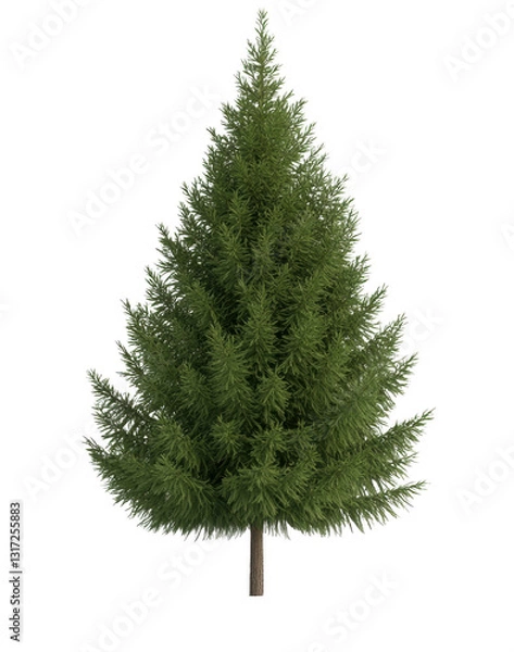 Fototapeta A tall green pine tree stands alone on a white background. The tree is the main focus of the image, and its height and fullness convey a sense of strength and stability