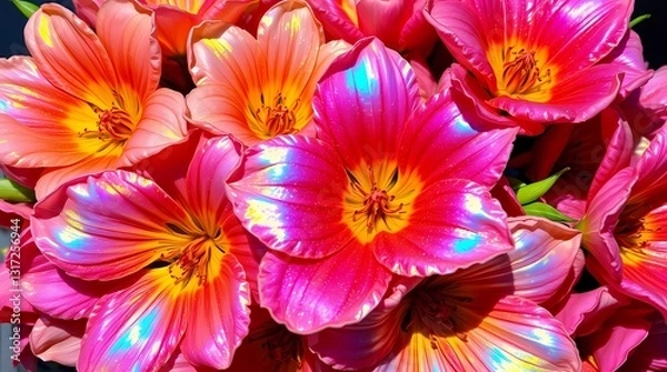 Obraz Vibrant Tulip Bouquet: A stunning close-up captures the radiant beauty of a bouquet of tulips, displaying a rich array of pinks, oranges.