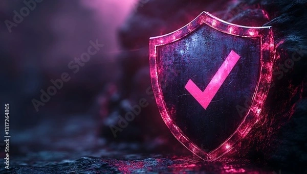 Obraz Glowing Neon Shield with Check Mark Cyber Security Concept Illustration