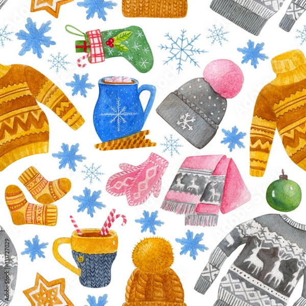 Fototapeta Seamless watercolor pattern with winter warm and cozy stuff, includes sweater, christmas ball, christmas sock, cocoa, coffee, ginger biscuit, knitted cap, snowflake, scarf, mittens