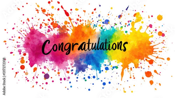 Fototapeta Bright splashes of color create a vibrant backdrop for the word congratulations, celebrating success and milestones in a lively and artistic way