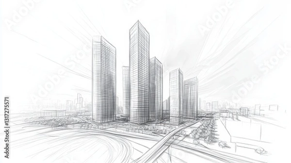 Fototapeta Large Urban Development Concept in Hand-Drawn 3D Perspective With Architectural Skyscrapers and Urban Landscape