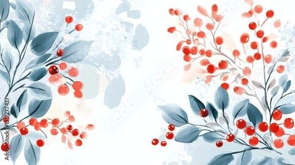 Fototapeta Winter background design with watercolor brush texture, Flower and botanical leaves watercolor hand drawing. Abstract art wallpaper design for wall arts, wedding and pattern.