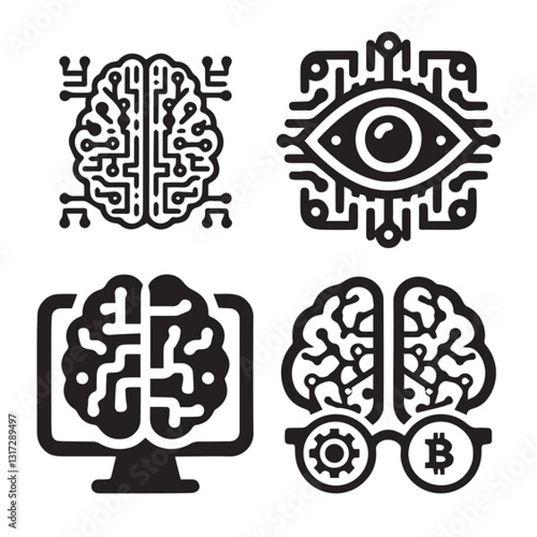Fototapeta AI Vector – A Set of Futuristic Artificial Intelligence Icons Featuring Brain Circuits, Machine Learning, and Digital Technology Concepts
