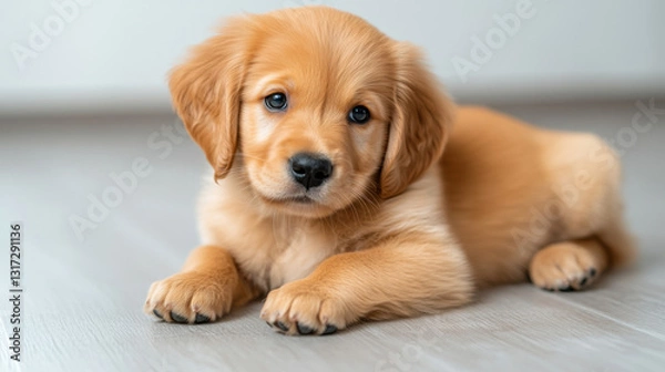 Fototapeta Cute playful puppy enjoying music while wearing headphones in a joyful and relaxed atmosphere at home