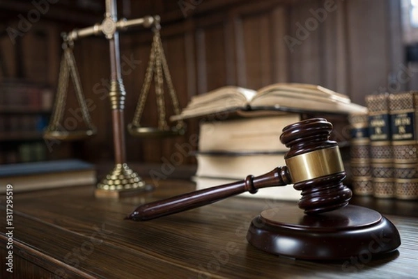 Fototapeta Justice Scales and Gavel in Courtroom Setting