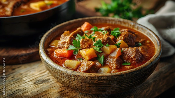 Fototapeta Fresh Hungarian Goulash Served in a Rustic Bowl with Vegetables and Herbs on a Wooden Table