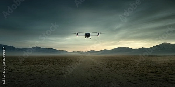 Fototapeta A drone aerial mapping device gliding over an expansive terrain, recording intricate features with clarity under a bright sky.
