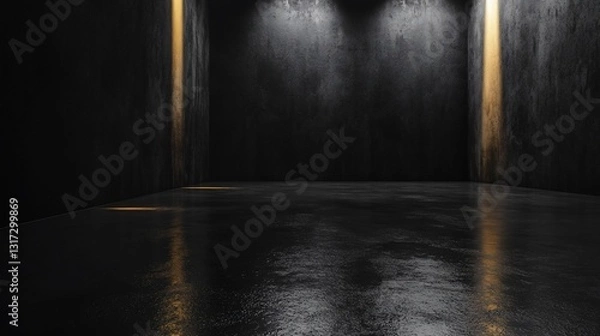Fototapeta Dark Concrete Room with Golden Light Beams Illuminating Polished Floor, Mysterious and Dramatic Ambiance