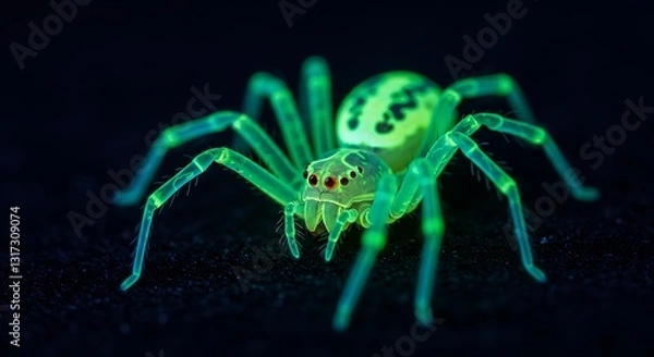Fototapeta Glowing Spider Macro in Dark Setting with Red Eyes