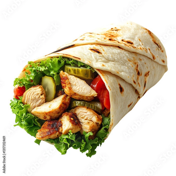 Fototapeta A Fresh Chicken Shawarma Wrap with Hummus Lettuce Isolated on Transparent Background