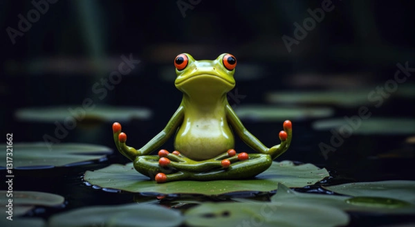 Fototapeta Frog doing yoga on a lily pad at a tranquil pond setting