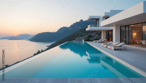 Fototapeta A modern, minimalist infinity pool overlooking a tranquil sea and distant mountains.  The pool is a vibrant turquoise reflecting the sky and landscape above