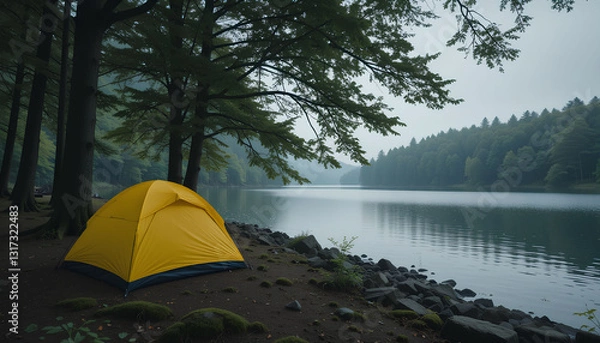 Fototapeta A bright yellow camping tent nestled beneath a canopy of lush trees by a tranquil lake
