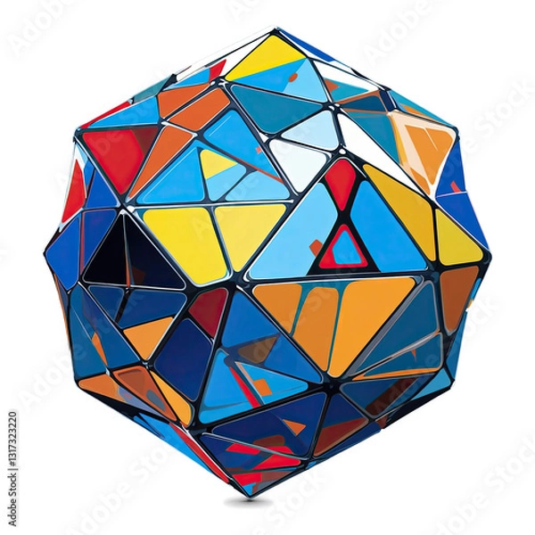 Fototapeta A colorful geometric dodecahedron composed of vibrant triangular panels on a smooth background, emphasizing creativity and modern art