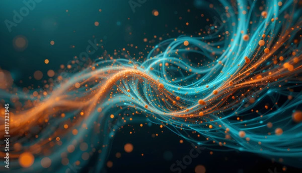 Fototapeta Abstract swirling particles teal and orange deep dark background