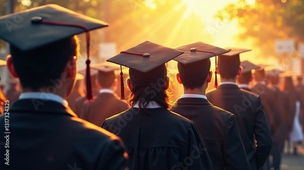 Fototapeta Graduates Walking in Caps and Gowns Under the Warm Glow of the Sunset