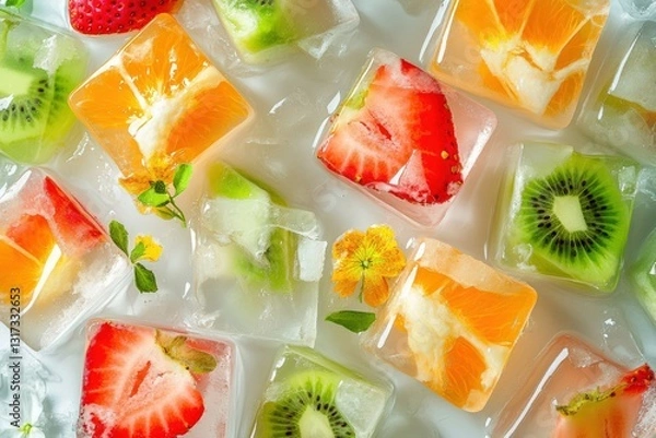 Fototapeta Refreshing ice cubes with frozen slices of strawberries, kiwi, and oranges, beautifully arranged with edible flowers on a chilled surface.