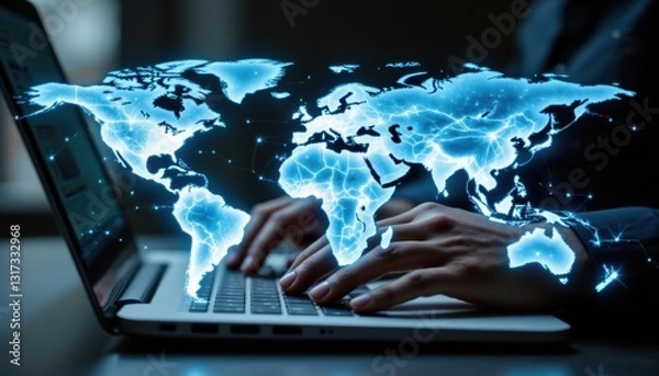 Fototapeta The image features a captivating double exposure effect, combining an abstract digital world map with interconnected lines symbolizing data flow and communication
