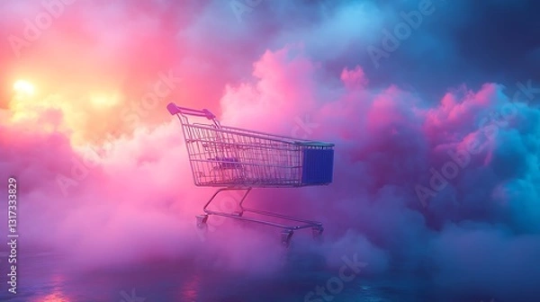Fototapeta A shopping cart drifting through an endless pastel gradient, abstract forms swirling around, neon mist rising gently, futuristic fantasy concept, ultra-crisp rendering, cinematic depth,