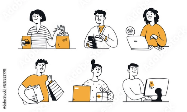 Fototapeta Vector Doodle Set of People Shopping Online with Delivery Concept. Different Characters, Diversity, People Using Mobile Phone, Laptop, PC for Online Shopping