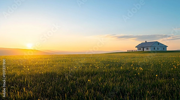 Fototapeta Golden Sunrise Over A Tranquil Field With White Farmhouse In The Countryside Scenic Landscape View