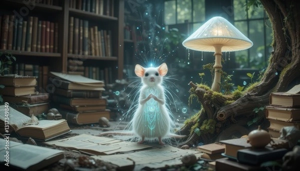 Fototapeta Magical White Mouse in Enchanting Library Setting with Glowing Aura and Mushroom Lamp