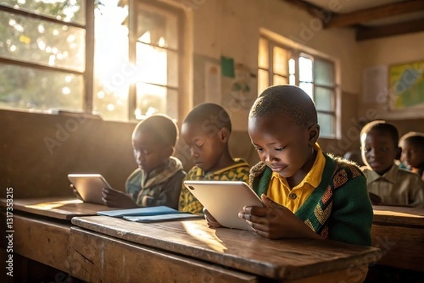 Obraz Children using tablets in a sunlit classroom, exploring digital learning in an educational setting.