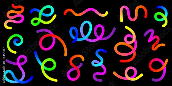 Fototapeta Colorful Neon Confetti Swirls and Wavy Lines on Black Background. Vibrant Abstract Curves, Gradient 3D Spiral Shapes, Bright Decorative Elements for Modern Design, Carnival and Celebration