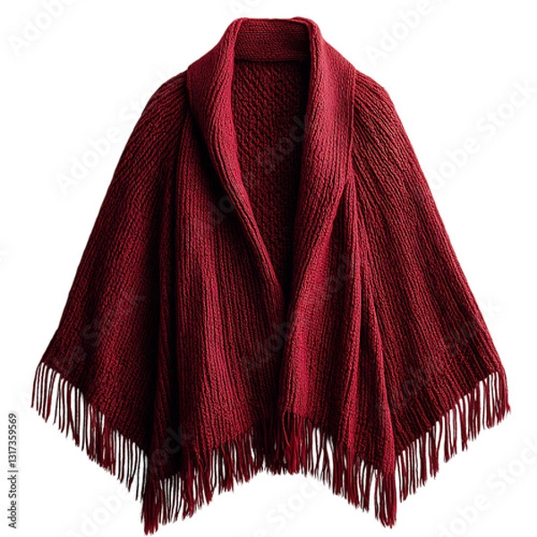 Fototapeta A Knitted Poncho in Burgundy with Fringe Isolated on Transparent Background