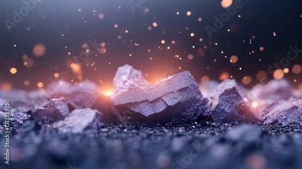 Fototapeta Glowing rocks with sparks in a dark, atmospheric setting.