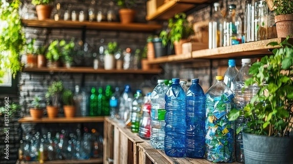 Fototapeta Recycled bottles on a wooden shelf surrounded by greenery.