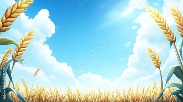 Fototapeta Golden wheat field under a bright blue sky with fluffy clouds.