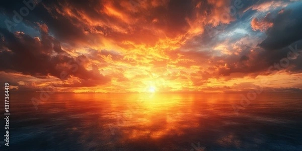 Fototapeta Vibrant sunset over calm ocean with dramatic clouds reflecting warm colors in the evening sky