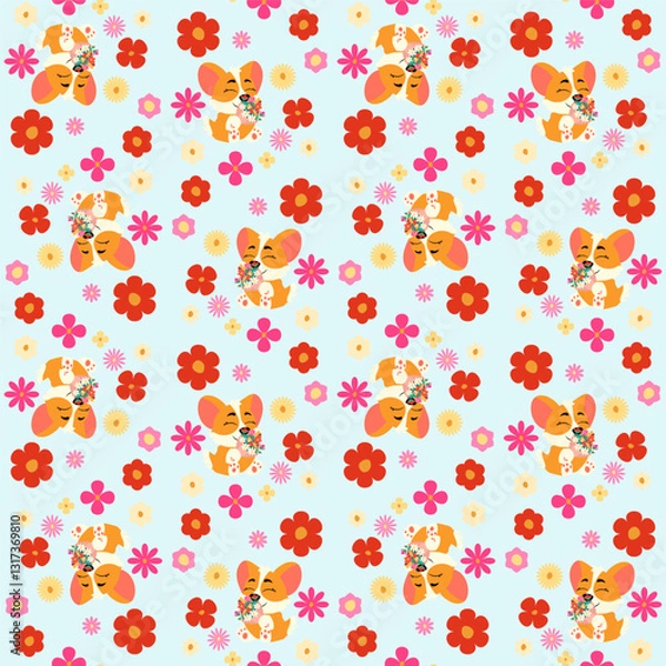 Fototapeta Playful seamless pattern featuring corgis and vibrant floral elements on a light background. Perfect for fabric, wallpaper, gift wrap, and decorative designs. Ideal for pet lovers and cheerful project