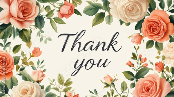 Fototapeta Floral Thank You: A beautifully designed greeting features elegant "Thank you" script framed by an array of vibrant roses and leaves, perfect for expressing gratitude. 