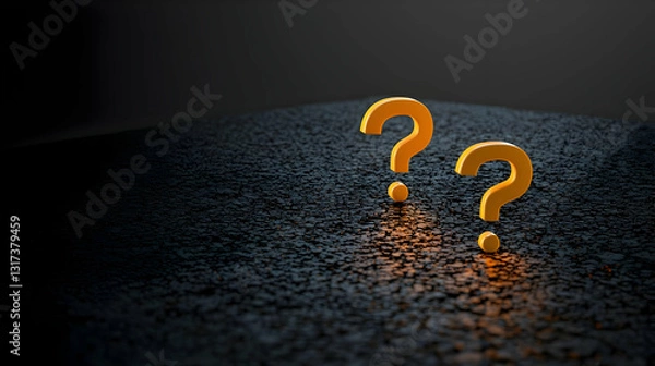 Fototapeta Two Illuminated Orange 3D Question Marks On Dark Textured Background With Subtle Glow And Copy Space