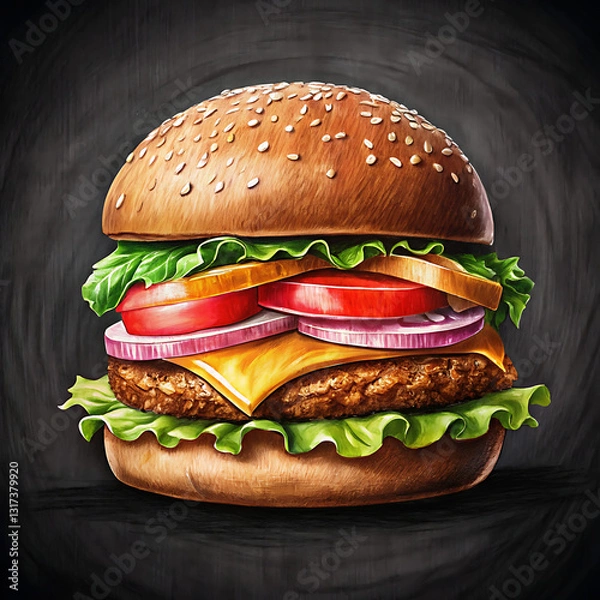 Fototapeta Craft pencil art burger and french fries on wooden table melting chessesisolated on black background.
 close-up. Generative AI. High quality 