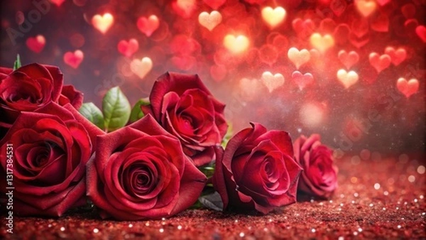 Fototapeta A bouquet of deep red roses with a bokeh background of heart shapes and sparkling glitter.