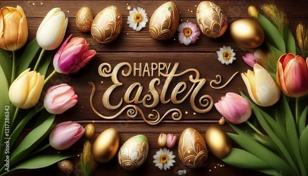 Fototapeta A rustic wooden background with fresh tulips and hand-painted Easter eggs scattered around, featuring a stylish golden “Happy Easter” calligraphy overlay, creating a warm and elegant festive compositi