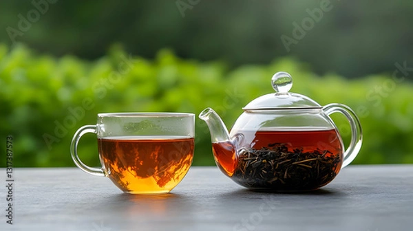 Fototapeta Glass Teapot And Cup With Hot Black Tea On Wooden Table Against Blurry Green Garden Background In Natural Day Light