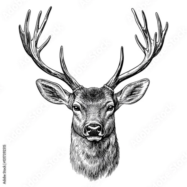 Fototapeta Hand-Drawn Deer Head with Antlers – Vintage Engraving Style Isolated on Transparent Background