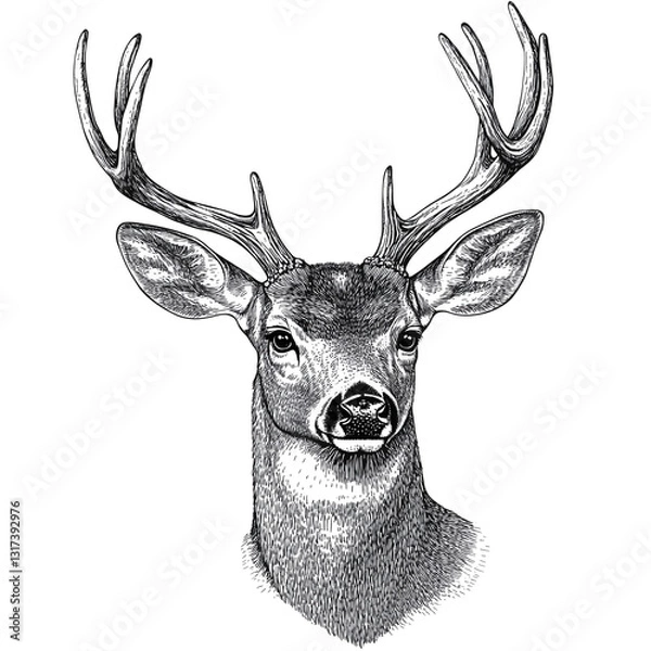 Fototapeta Hand-Drawn Deer Head with Antlers – Vintage Engraving Style Isolated on Transparent Background
