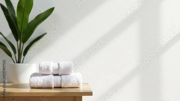 Obraz Serene Spa Setting Two Fluffy White Towels Resting on a Light Wooden Table Beside a Lush Green Plant, Bathed in Soft Sunlight