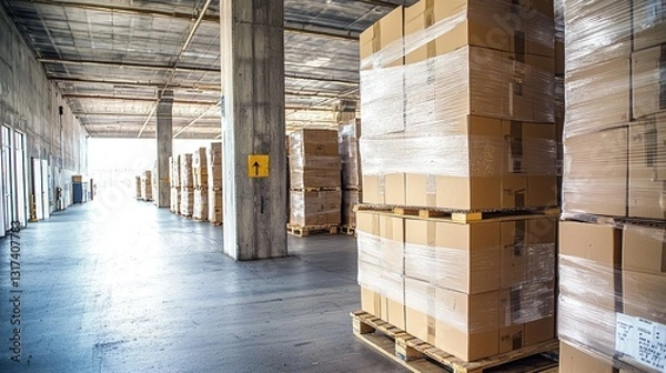 Fototapeta Palletized boxes stacked high in a large storage warehouse with concrete pillars