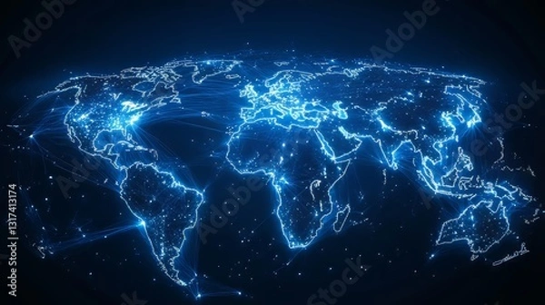 Fototapeta Global digital connections represented in glowing blue lines across the world map.