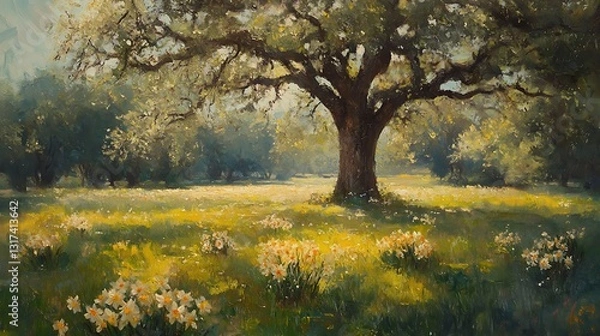 Fototapeta A romantic oil painting of a sun-drenched meadow filled with blooming daffodils, an ancient oak tree at the center, dappled sunlight dancing on the grass, expressive impressionist brushstrokes,